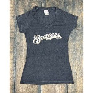 Campus Lifestyle Milwaukee Brewers Women’s Size Medium V Neck Navy Blue T Shirt!